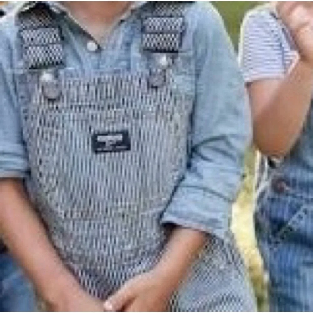 OshKosh B'gosh Blue Denim Overalls w/ Navy Striped Straps 2T Boat Americana July